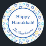 Star of David Classic Round Sticker<br><div class="desc">These fabulous gift tags would look great on all your Hanukkah gifts.  They are so modern yet classic with their blue,  turquoise and yellow Star of Davids in all different sizes.  And,  they are customisable with your family name.</div>
