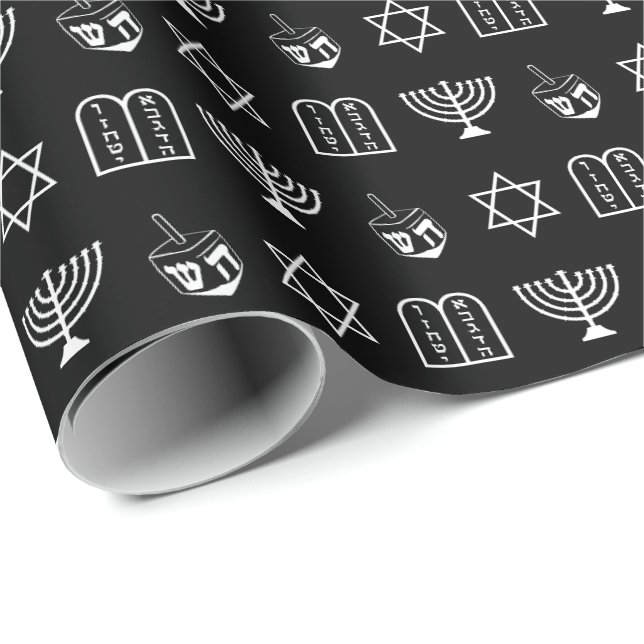 Star of David Dreidel Menorah Torah black Hanukkah Wrapping Paper (Roll Corner)