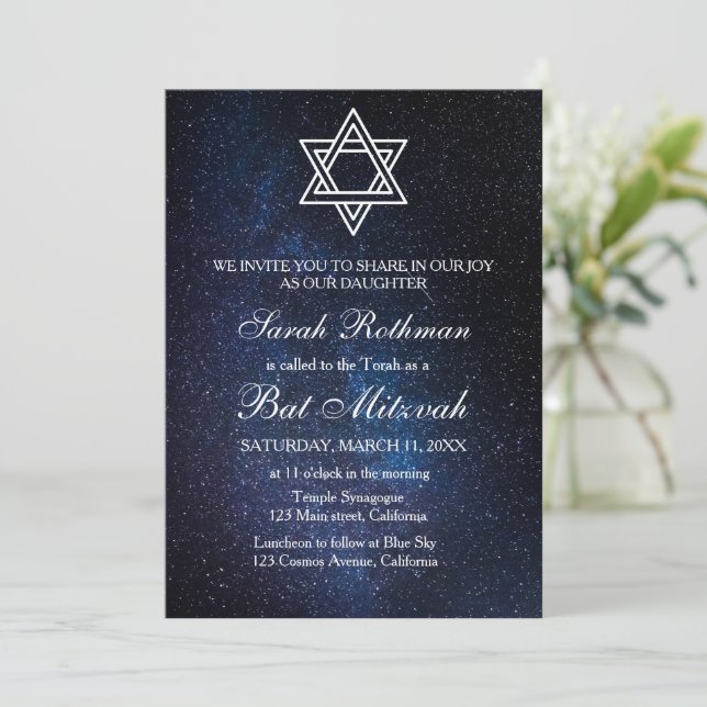 Star of David Elegant Simple Blue Bat Mitzvah Invitation (Standing Front)