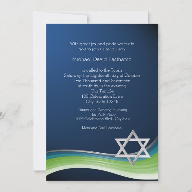 Star of David Green and Blue Gradient Bar Mitzvah Invitation (Front)