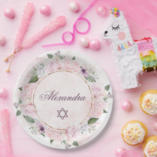 Star Of David Jewish Girl Baby Naming Pink Roses Paper Plate