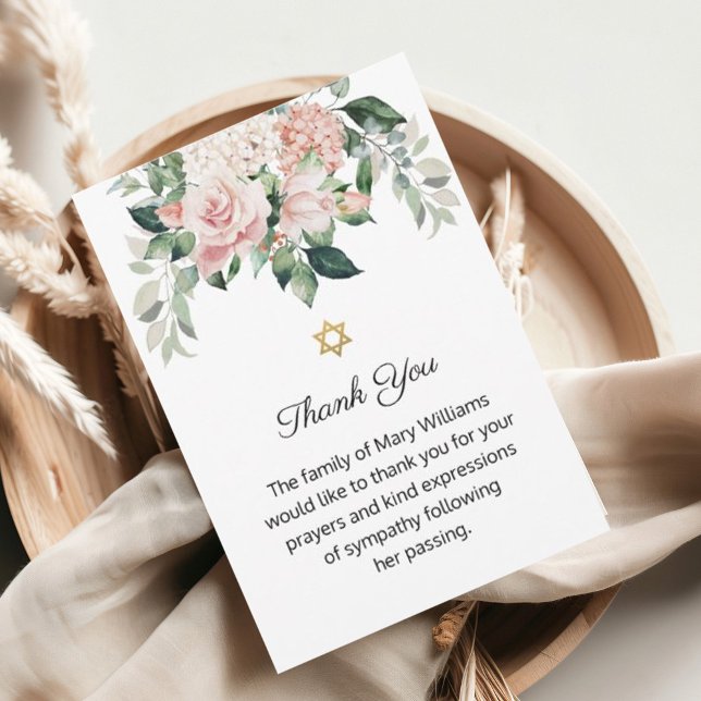 Star of David Jewish Pink Floral Funeral  Thank You Card (Creator Uploaded)