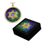 Star of David - Magen David  Gold Plated Necklace<br><div class="desc">Deep blue,  purple and green galaxy with the Star of David.
Apply this image to the necklace style of your choosing and add earrings to complete the set.  The matching jewellery box is sold separately.</div>