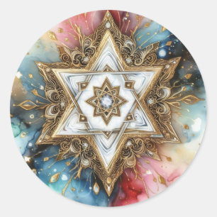 Star Of David Marble White Gold Abstract Purple  Classic Round Sticker