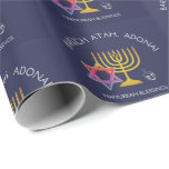 Star of David Menorah Dreidel Blessing | Chanukah Wrapping Paper<br><div class="desc">Stylish, elegant HANUKKAH BLESSINGS Wrapping Paper. Design shows a gold coloured MENORAH with multicolored STAR OF DAVID and silver grey DREIDEL. At the top there is curved text which says BARUCH ATAH, ADONAI (Blessed are You, O God) and underneath the text reads HANUKKAH BLESSINGS. The background colour is midnight blue....</div>