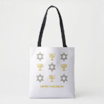 Star of David Menorah HANUKKAH Tote Bag<br><div class="desc">Modern HAPPY HANUKKAH tote bag with CUSTOMIZABLE text, showing faux gold and silver STAR OF DAVID and MENORAH. Text reads HAPPY HANUKKAH with a placeholder name, and is CUSTOMIZABLE, so you can PERSONALIZE it by adding your name or other text. Ideal for Hanukkah celebrations, and with customisation can be suitable...</div>