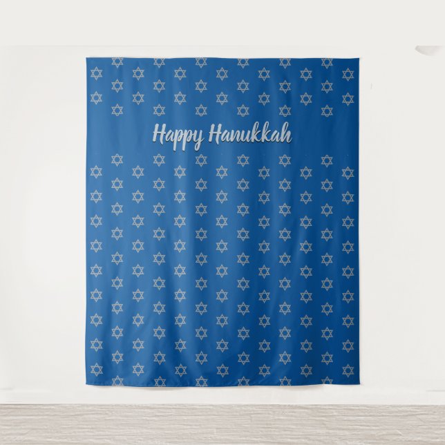 STAR OF DAVID | Mid Blue | Happy Hanukkah Backdrop Tapestry (Front)