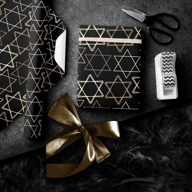 Star of David Pattern | Modern Gold on Black Wrapping Paper (Creator Uploaded)
