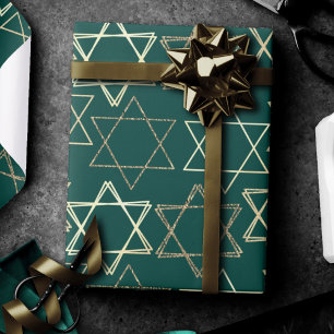 Star of David Pattern Modern of Gold on Green Wrapping Paper