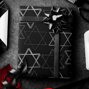 Star of David Pattern   Modern of Silver on Black Wrapping Paper