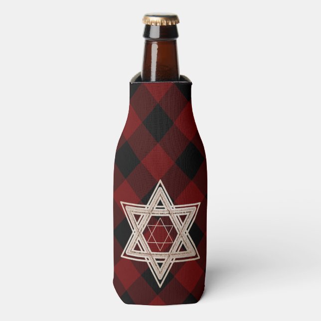 Star of David | Rustic Buffalo Red and Black Plaid Bottle Cooler (Bottle Front)