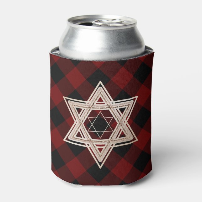 Star of David | Rustic Buffalo Red and Black Plaid Can Cooler (Can Front)