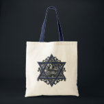 Star of David Silver Tote Bag<br><div class="desc">Elegant Star of David with traditional blue and white hexagram symbol complimented with an ornate baroque flourish of silver background. Art of Margaret Loftin Whiting.</div>
