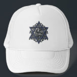 Star of David Silver Trucker Hat<br><div class="desc">Elegant Star of David with traditional blue and white hexagram symbol complimented with an ornate baroque flourish of silver background. Art of Margaret Loftin Whiting.</div>