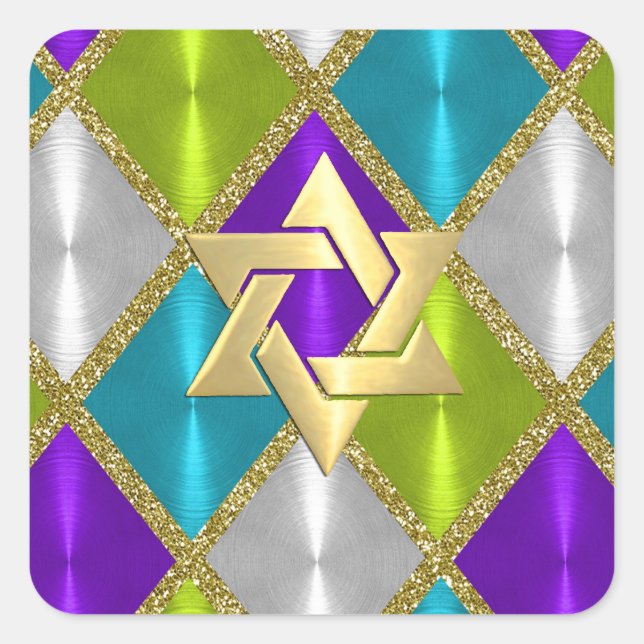 Star of David Turquoise Purple Lime Diamonds Square Sticker (Front)