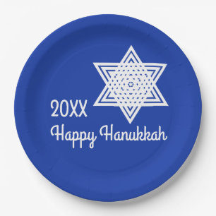 Star of David White on Blue Background Hanukkah Pa Paper Plate