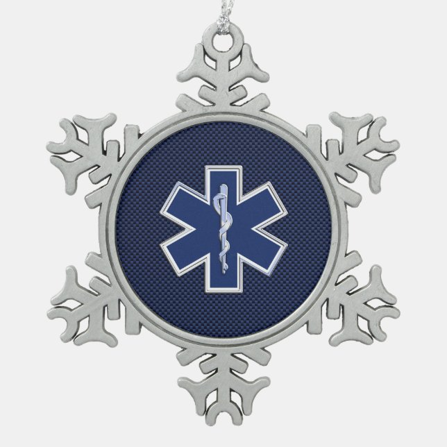 Star of Life Paramedic EMS on Blue Carbon Fibre Snowflake Pewter Christmas Ornament (Front)