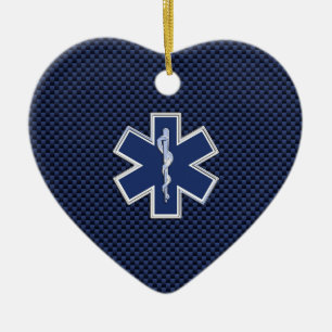Star of Life Paramedic on Navy Blue Carbon Fiber Ceramic Tree Decoration