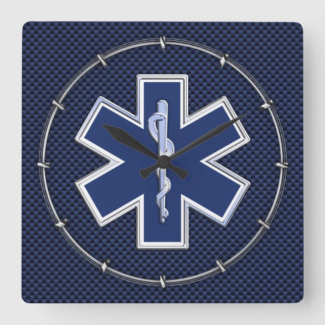 Star of Life Paramedic on Navy Blue Carbon Fiber Square Wall Clock (Front)