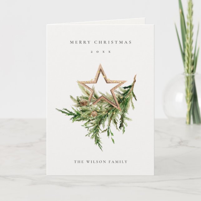 Star Ornament Pine Branch Fauna Merry Christmas Holiday Card (Front)