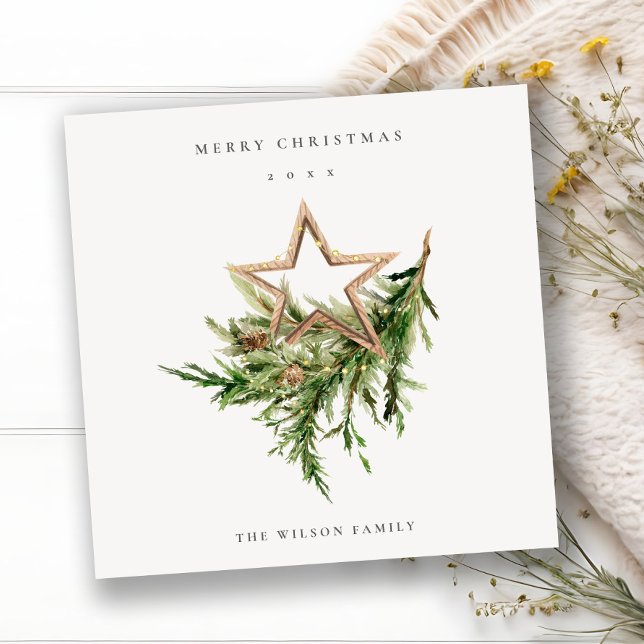 Star Ornament Pine Branch Fauna Merry Christmas Holiday Card (Creator Uploaded)