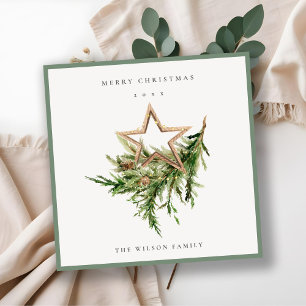 Star Ornament Pine Branch Fauna Merry Christmas Holiday Card