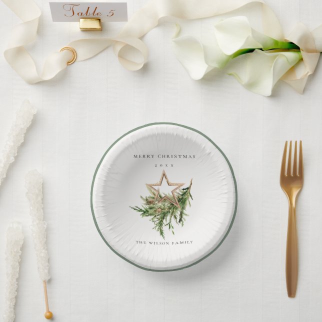 Star Ornament Pine Branch Fauna Merry Christmas Paper Plate (Wedding)