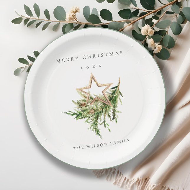 Star Ornament Pine Branch Fauna Merry Christmas Paper Plate (Creator Uploaded)