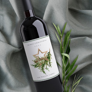 Star Ornament Pine Branch Fauna Merry Christmas Wine Label