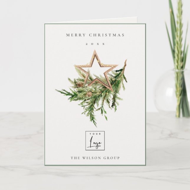 Star Ornament Pine Fauna Logo Merry Christmas Holiday Card (Front)