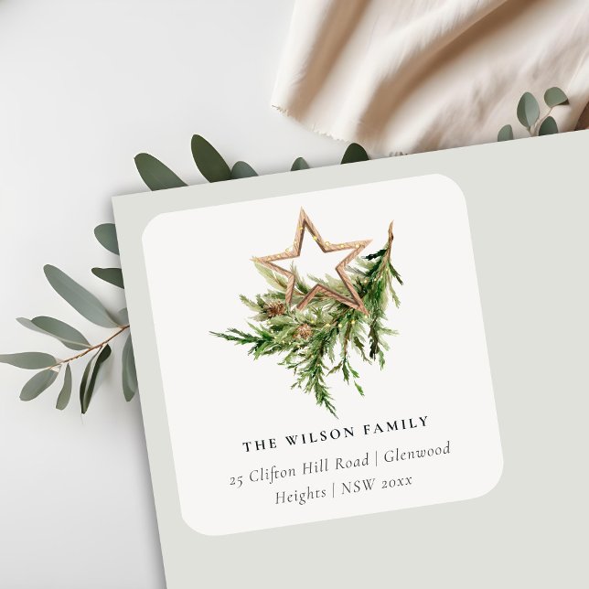 Star Ornament Pine Fauna Merry Christmas Address Square Sticker (Creator Uploaded)