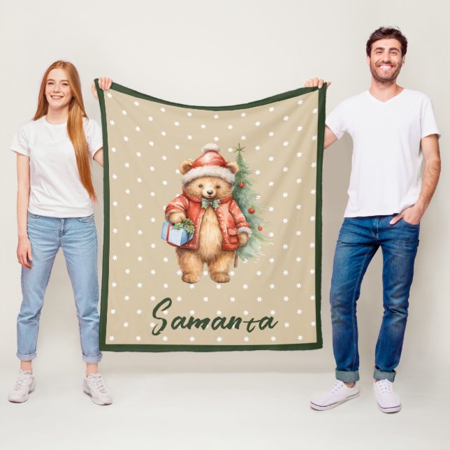 Star pattern christmas bear green beige name fleece blanket (In Situ)