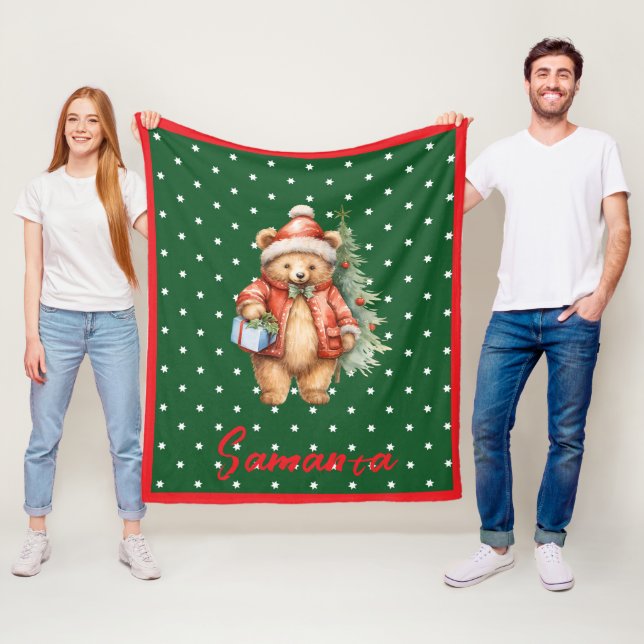 Star pattern christmas bear green red name fleece blanket (In Situ)