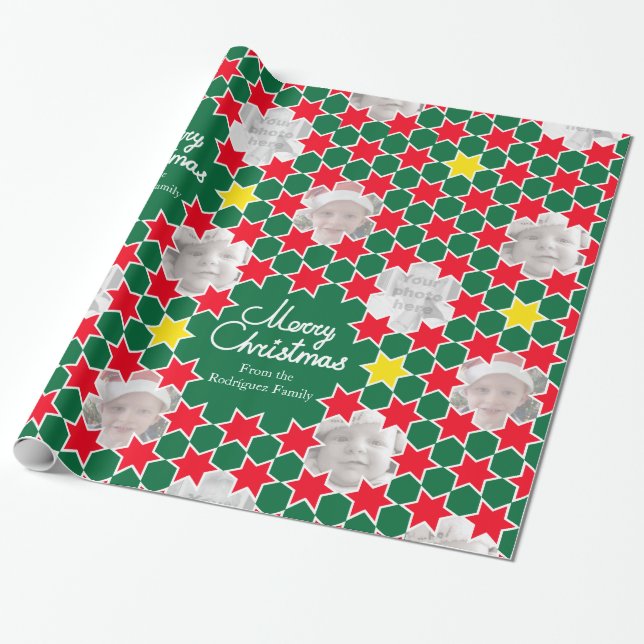 Star pattern green red Christmas photos wrap Wrapping Paper (Unrolled)