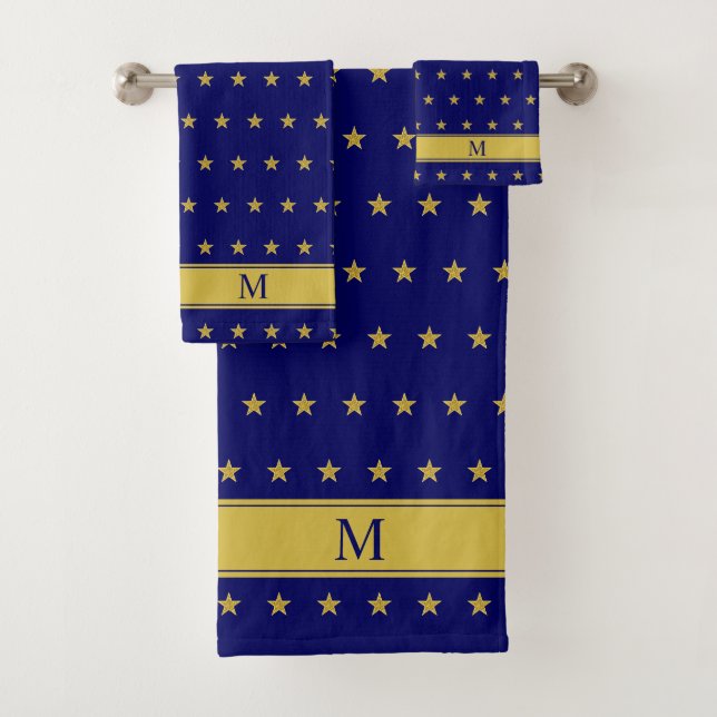 Star Pattern & Monogram on Golden and Navy Blue Bath Towel Set (Insitu)