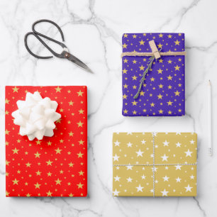 Star Pattern on Blue, Golden and Red Wrapping Paper Sheet