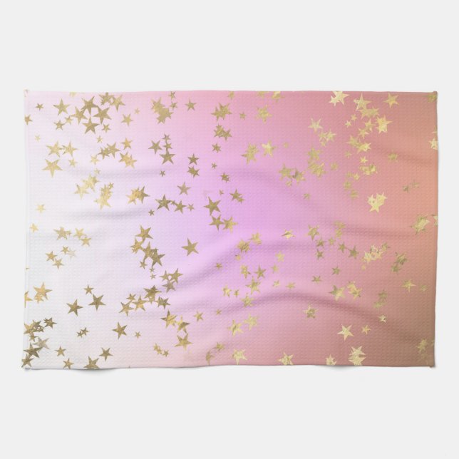 Star pattern peach purple gold gradient tea towel (Horizontal)