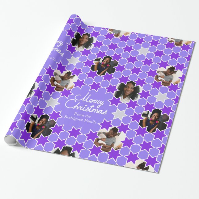 Star pattern purple white Christmas photos wrap Wrapping Paper (Unrolled)