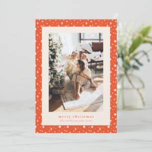Star Pattern Rust Red Merry Christmas Family Photo Holiday Card