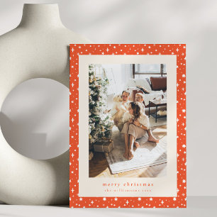Star Pattern Rust Red Merry Christmas Family Photo Holiday Card