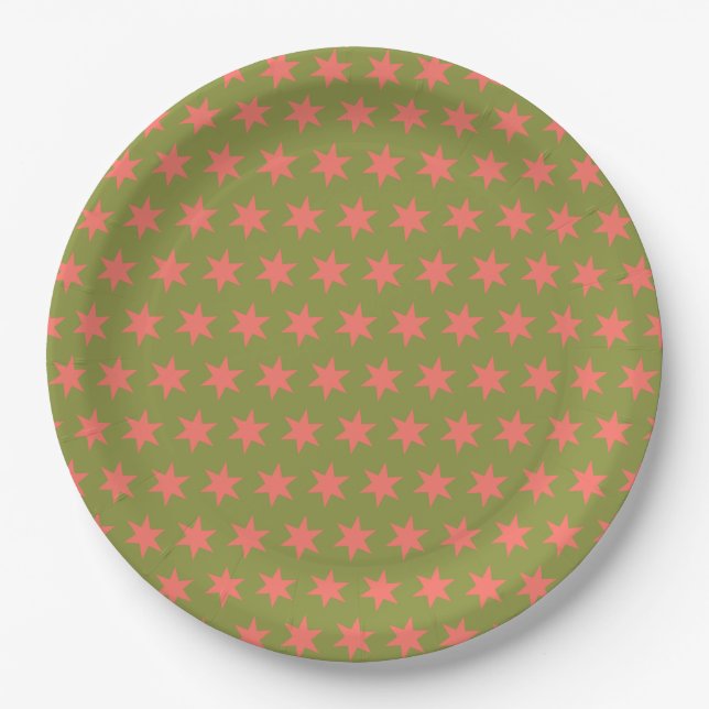 Star Pattern Trending Colours Green Coral Paper Plate (Front)