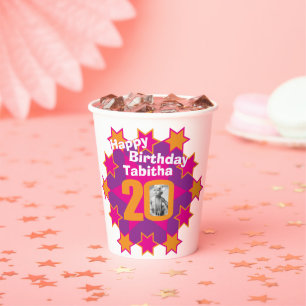 Star pink golden yellow 20th birthday two photos paper cups