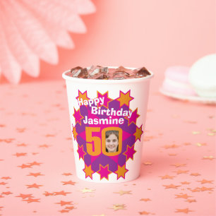 Star pink golden yellow 50th birthday two photos paper cups