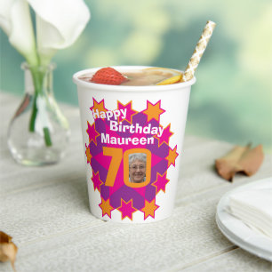 Star pink golden yellow 70th birthday two photos paper cups