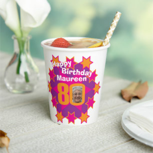 Star pink golden yellow 80th birthday two photos paper cups