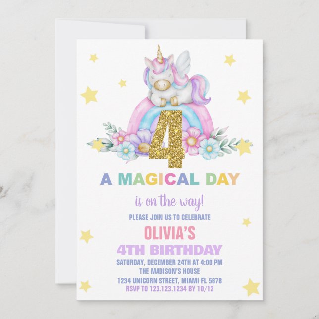 Star Rainbow Unicorn Birthday Invitations Fly (Front)