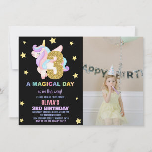 Star Rainbow Unicorn Birthday Invitations w photo