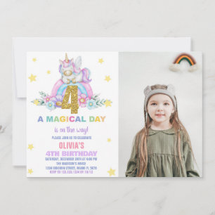 Star Rainbow Unicorn Birthday Invitations w photo
