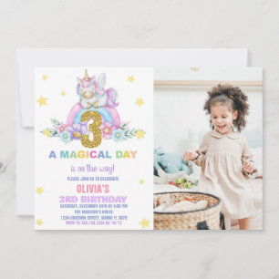 Star Rainbow Unicorn Birthday Invitations w photo