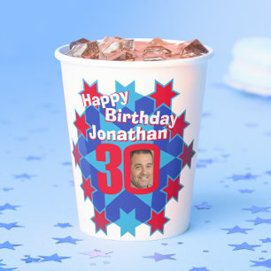 Star red blue 30th birthday two photos paper cups